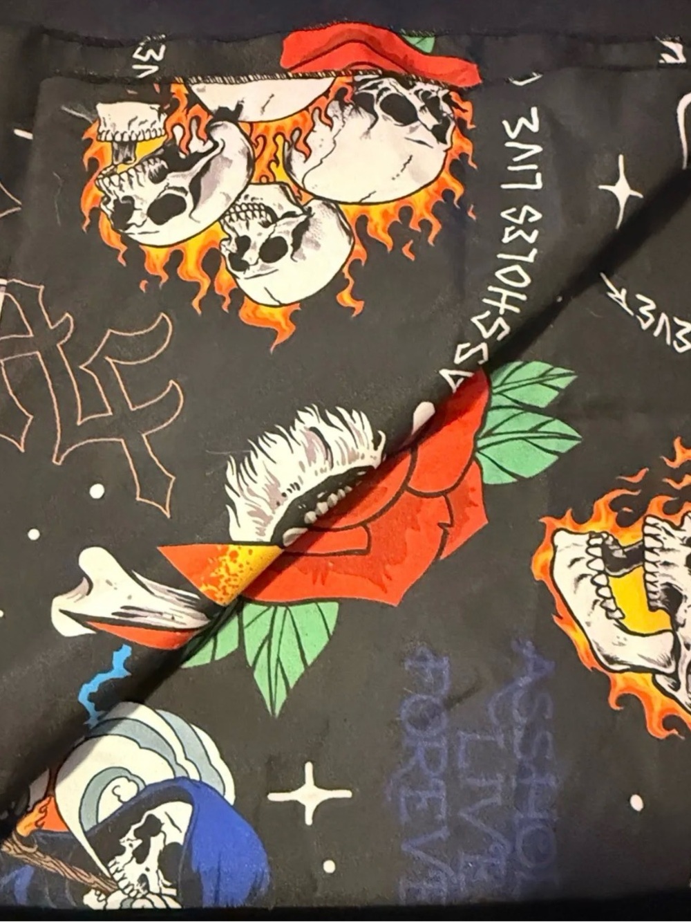 ALF Skull & Rose Graphic Bandana Scarf in Black with Red and Orange